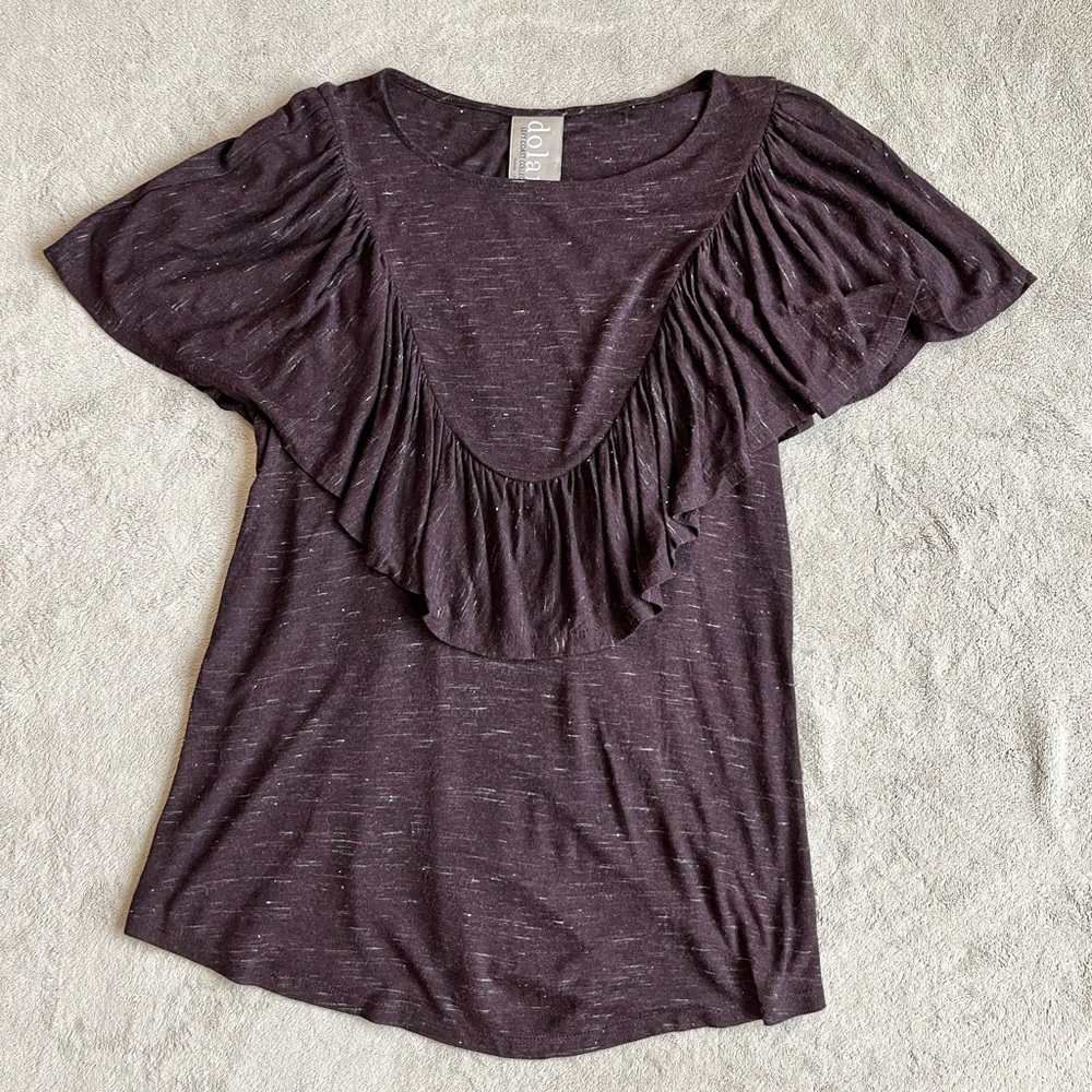 Anthropologie Brown Ruffle-Front Short Sleeve Top - Picture 5 of 7